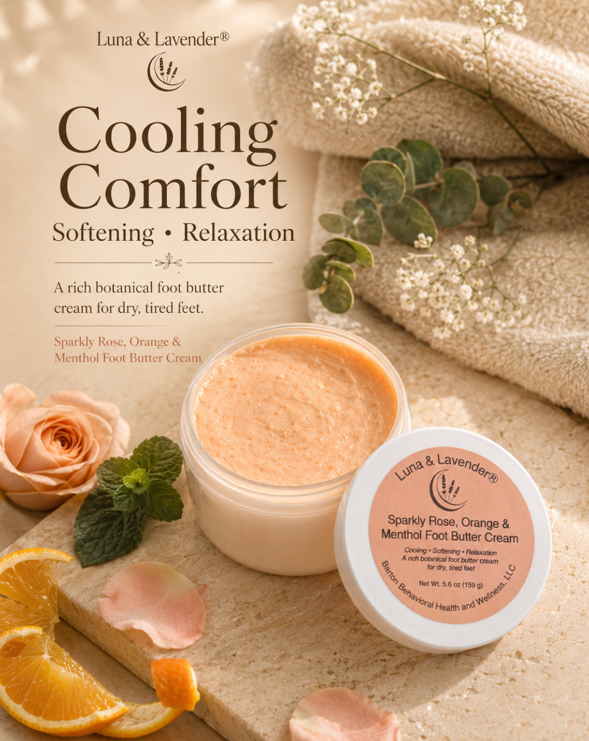 Luna & Lavender™ Sparkly Rose, Orange & Menthol Foot Butter Cream