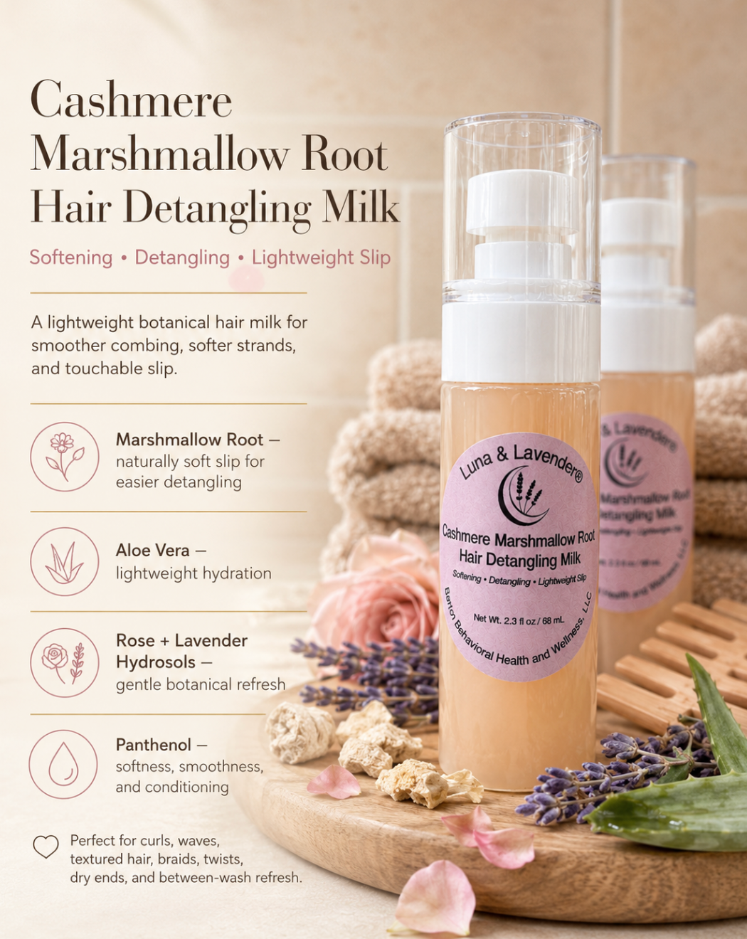 Luna & Lavender® Cashmere Marshmallow Root Hair Detangling Milk